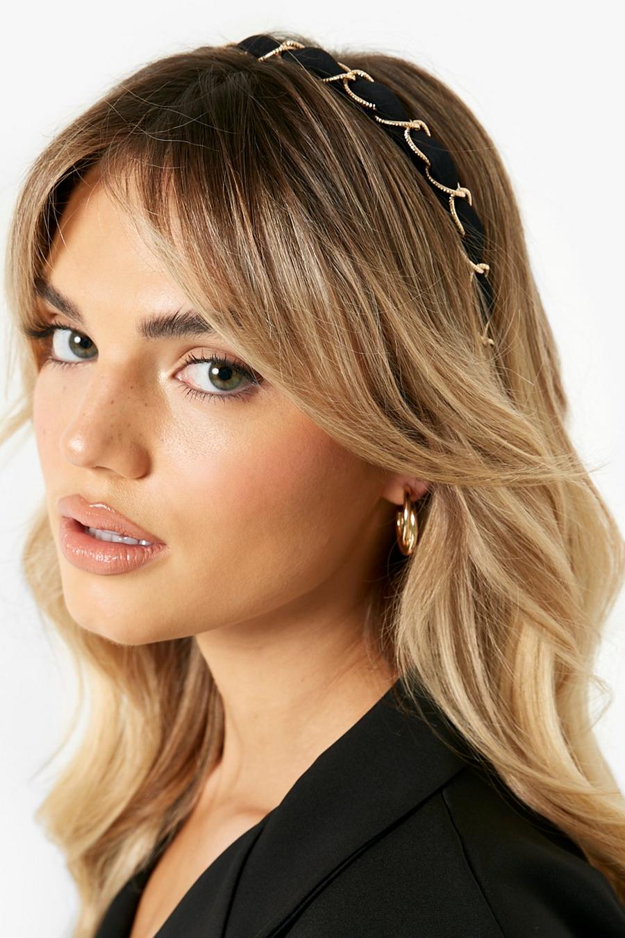 Schwarzes Haarband mit Kette, Gold metallic