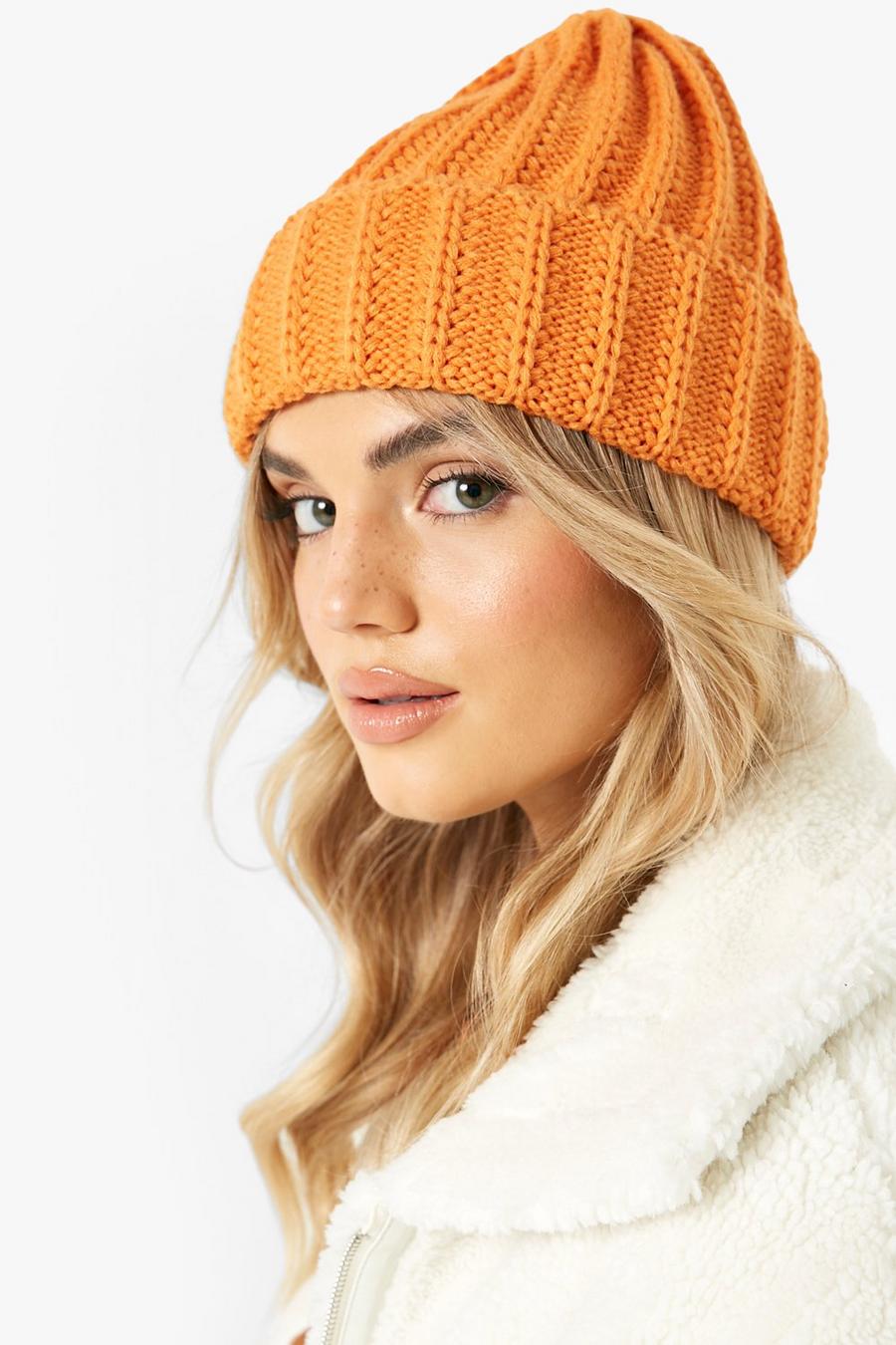 Orange naranja כובע צמר ארוג עבה בצבע כתום