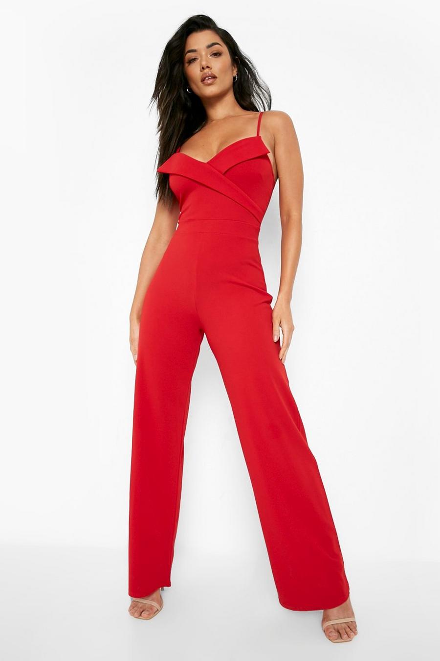 Red Strappy Lapel Detail Wide Leg Jumpsuit image number 1