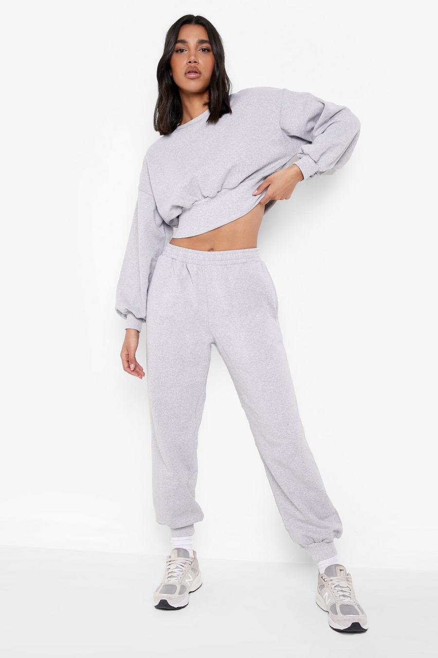Ash grey Balloon Sleeve Cropped Sweater Tracksuit