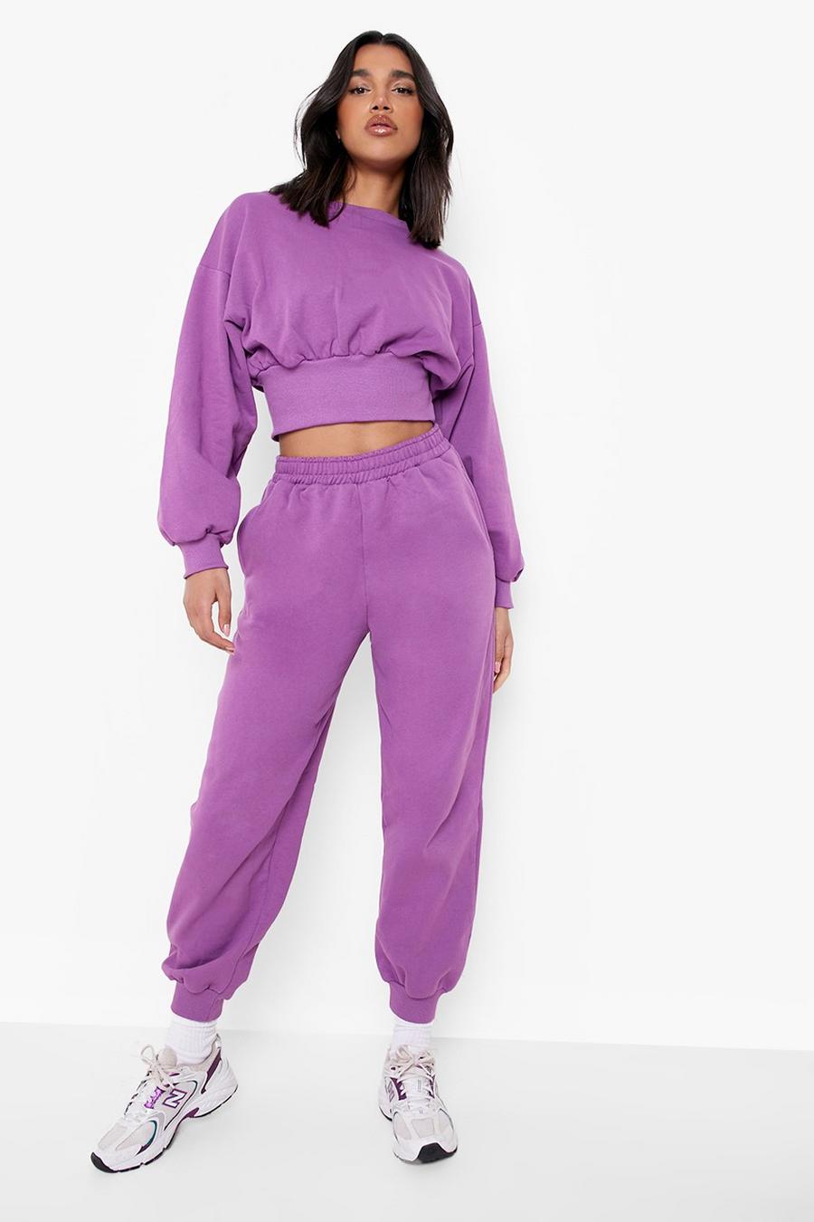 Purple Balloon Sleeve Cropped Sweater Tracksuit image number 1