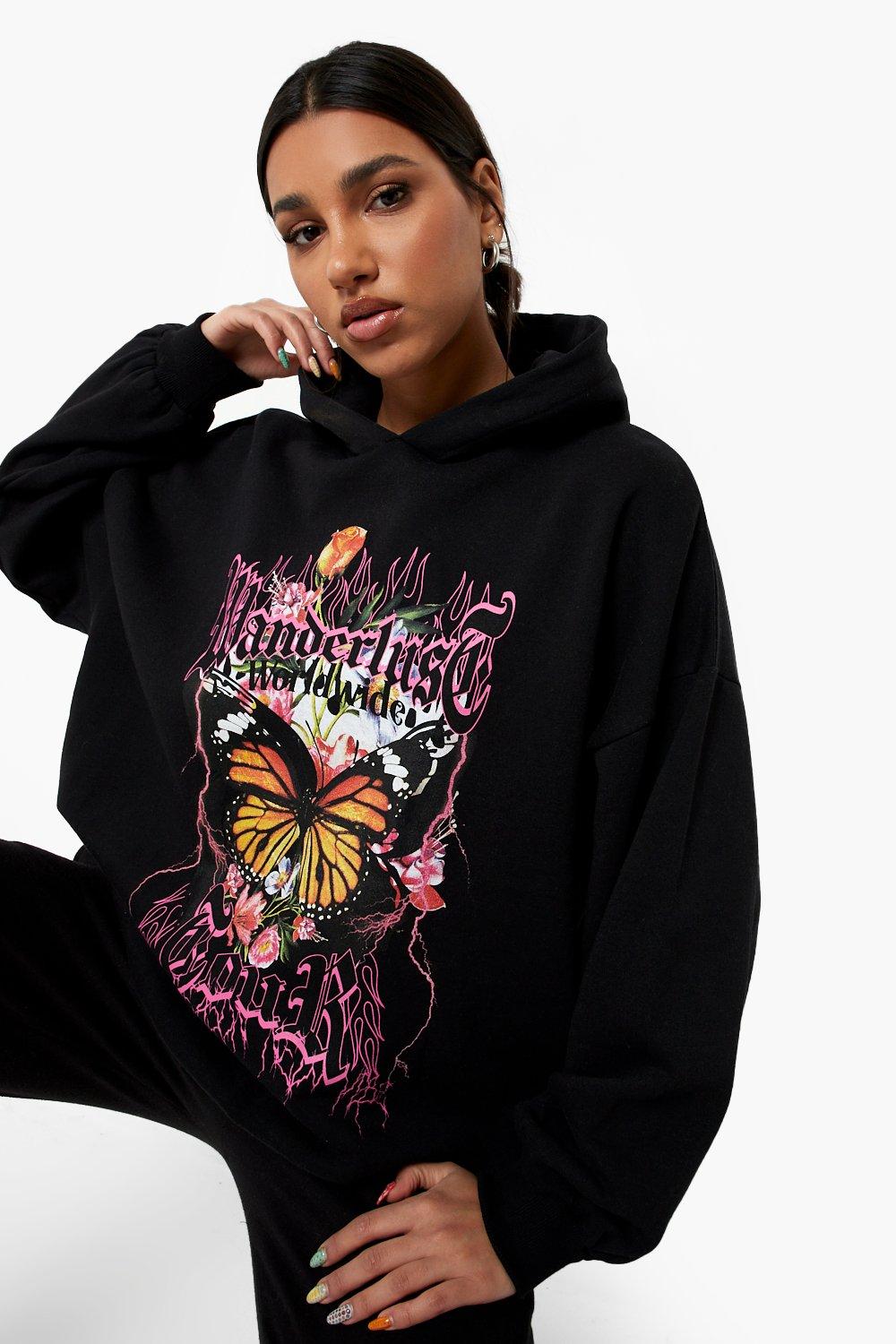 Women s Wanderlust Butterfly Print Oversized Hoodie Boohoo UK