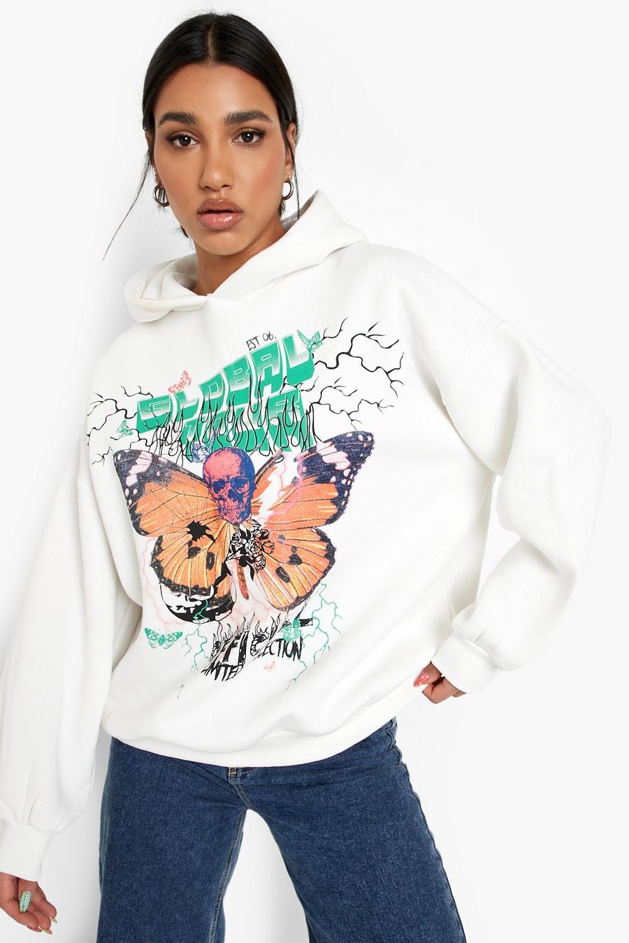 Ecru white Oversize hoodie med graffititryck image number 1