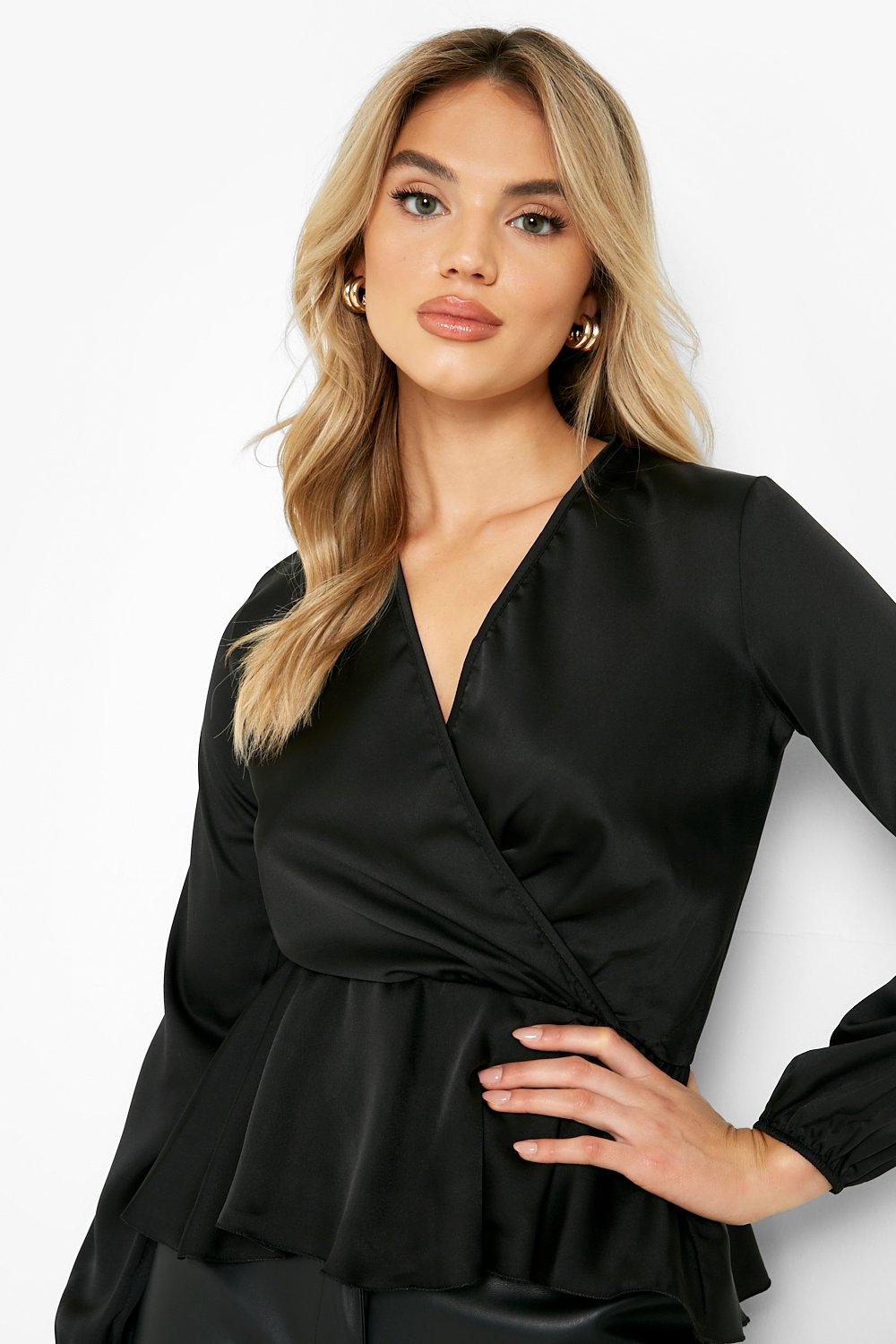 Black satin store peplum top