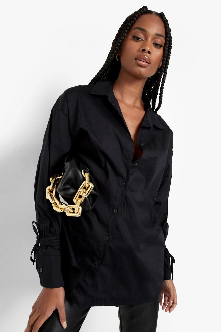 Black Cotton Tie Cuff Oversized Shirt image number 1