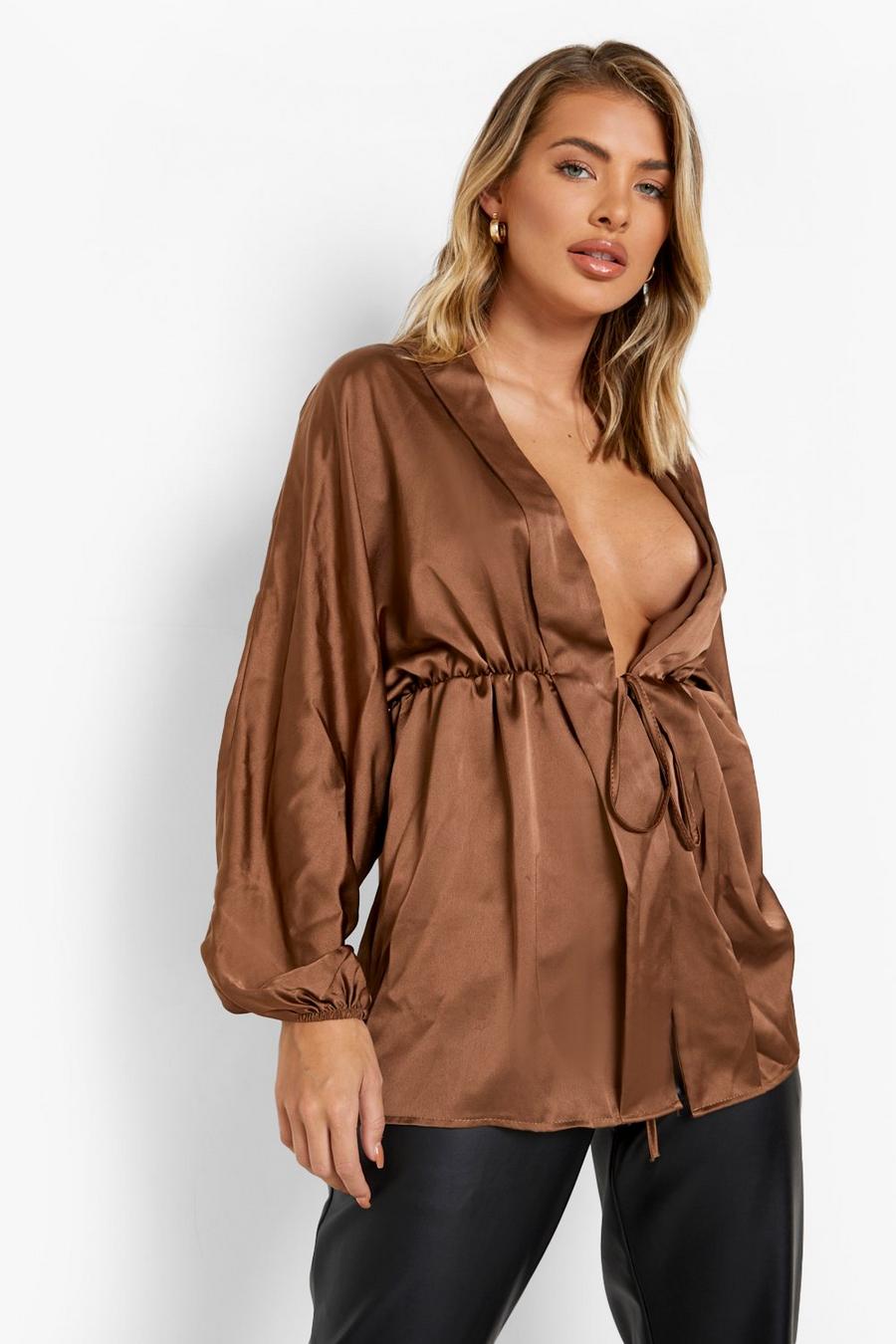 Chocolate Satin Plunge Tie Waist Blouse image number 1