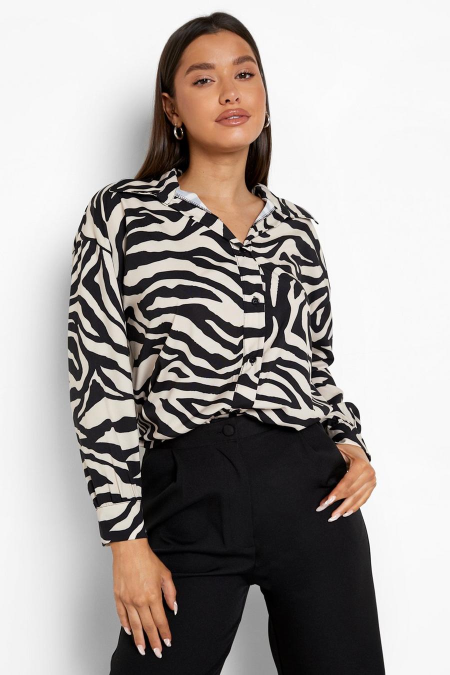 Black Woven Zebra Print Oversized Shirt image number 1