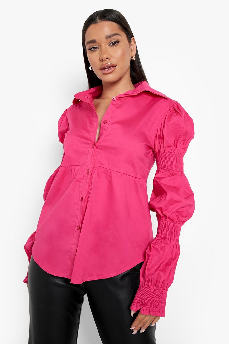 Bright pink Cotton Ruched Sleeve Shirt