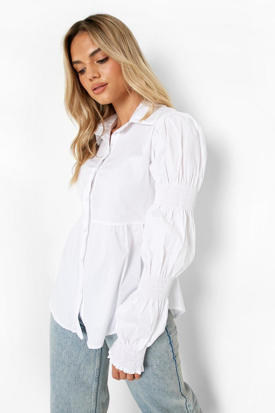 White Cotton Ruched Sleeve Shirt image number 1