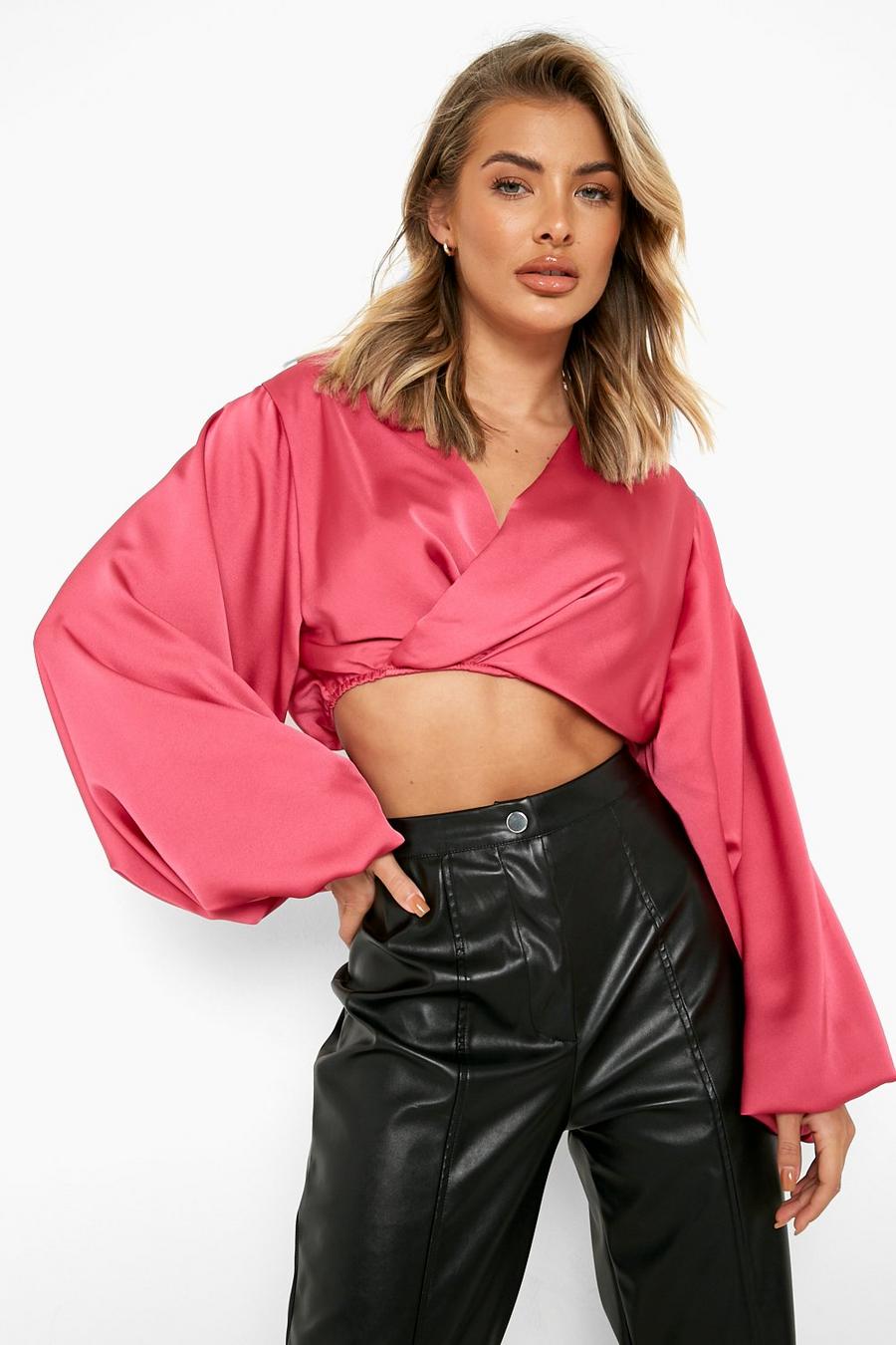 Bright pink Shoulder Pad Puff Sleeve Cropped Shirt image number 1