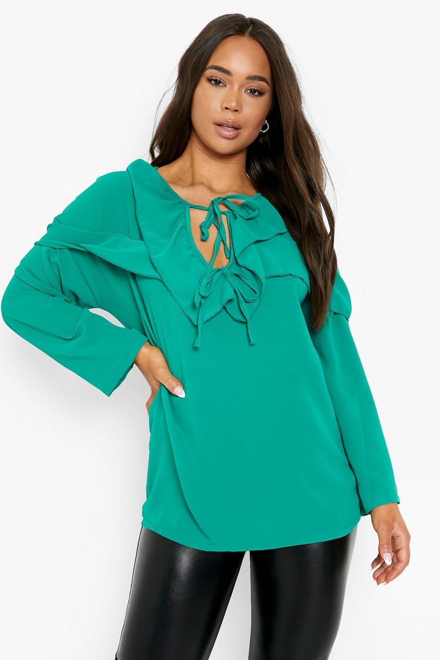 Bright green Frill Tie Detail Oversized Blouse image number 1