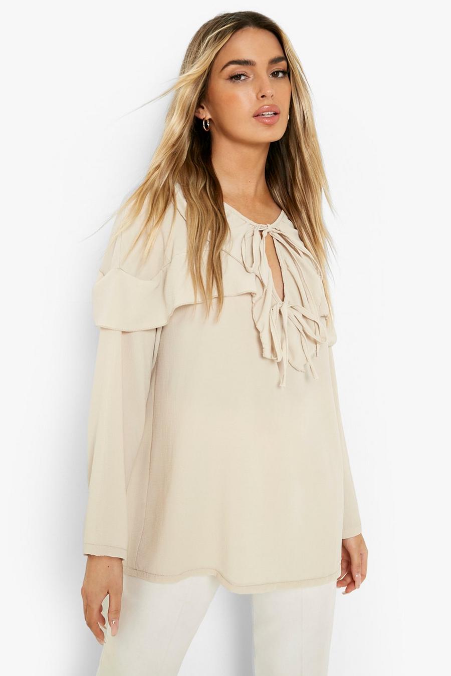Stone beige Frill Tie Detail Oversized Blouse image number 1