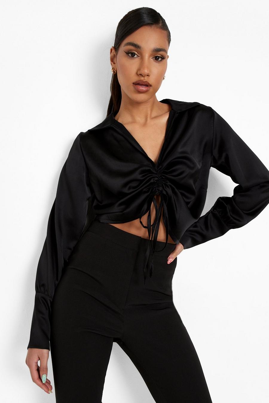 Black Ruched Front Oversized Cuff Shirt image number 1