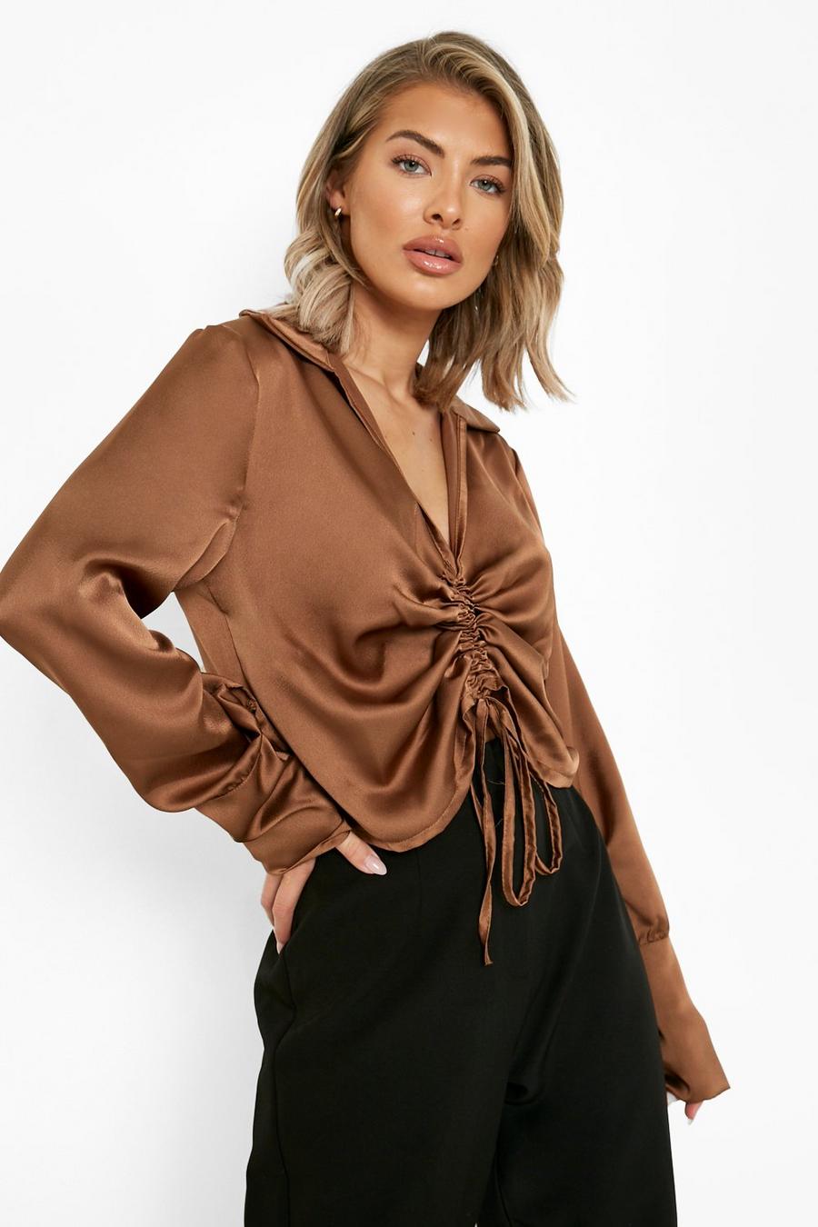 Mocha Ruched Front Oversized Cuff Shirt image number 1