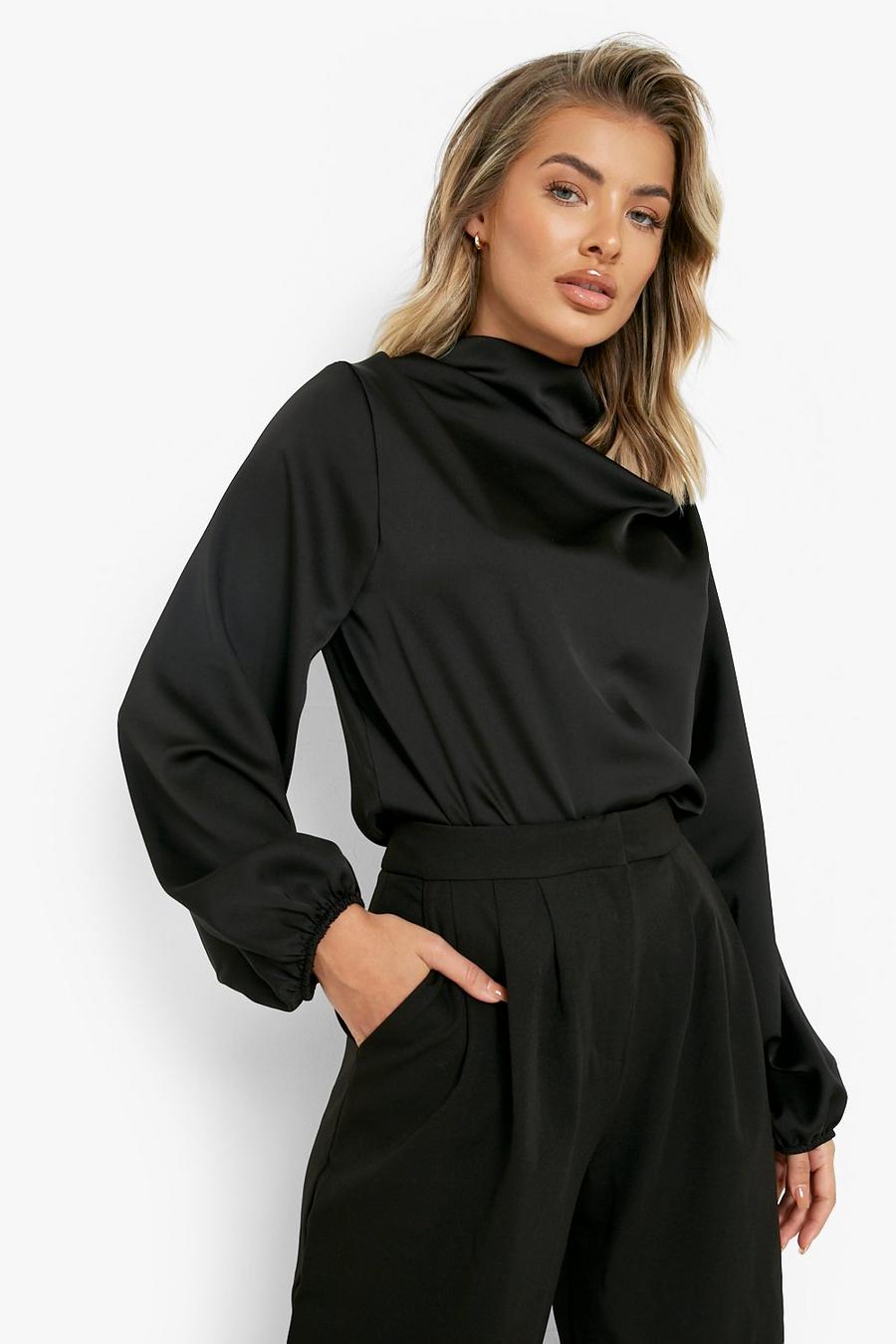 Black Cowl Neck Puff Sleeve Top image number 1