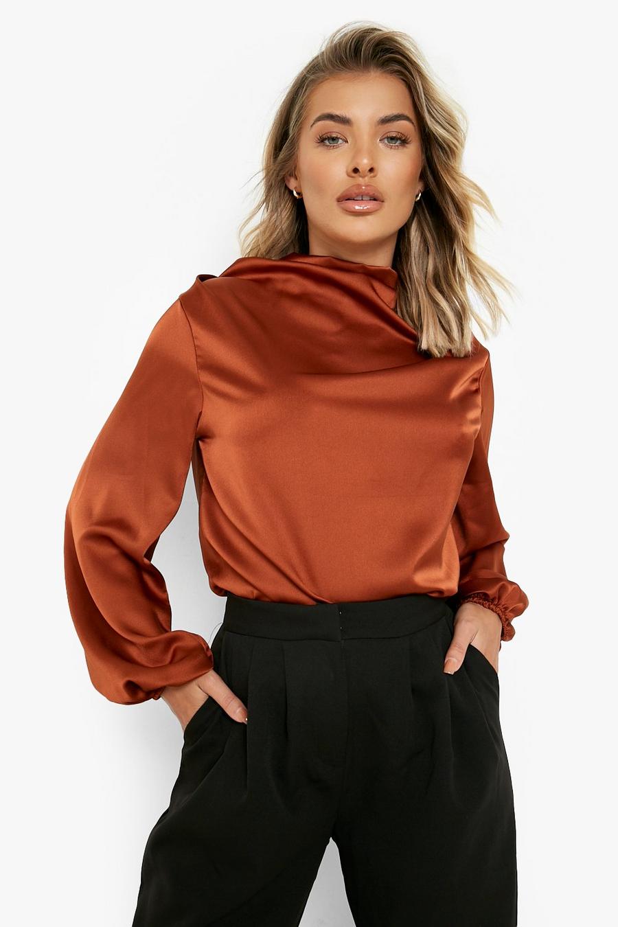 Copper Cowl Neck Puff Sleeve Top image number 1