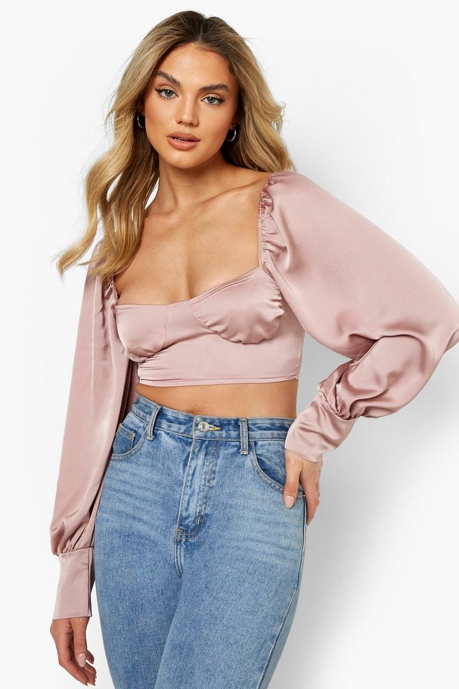 Blush Satin Tie Back Puff Sleeve Top image number 1