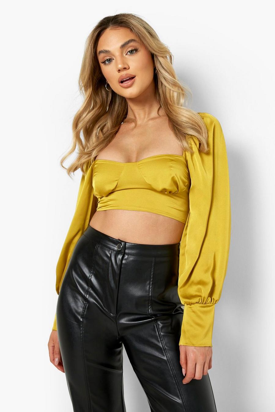 Chartreuse Satin Tie Back Puff Sleeve Top image number 1