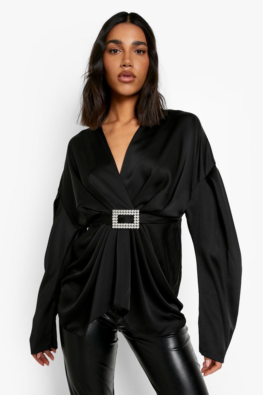 Black Buckle Detail Ruched Blouse