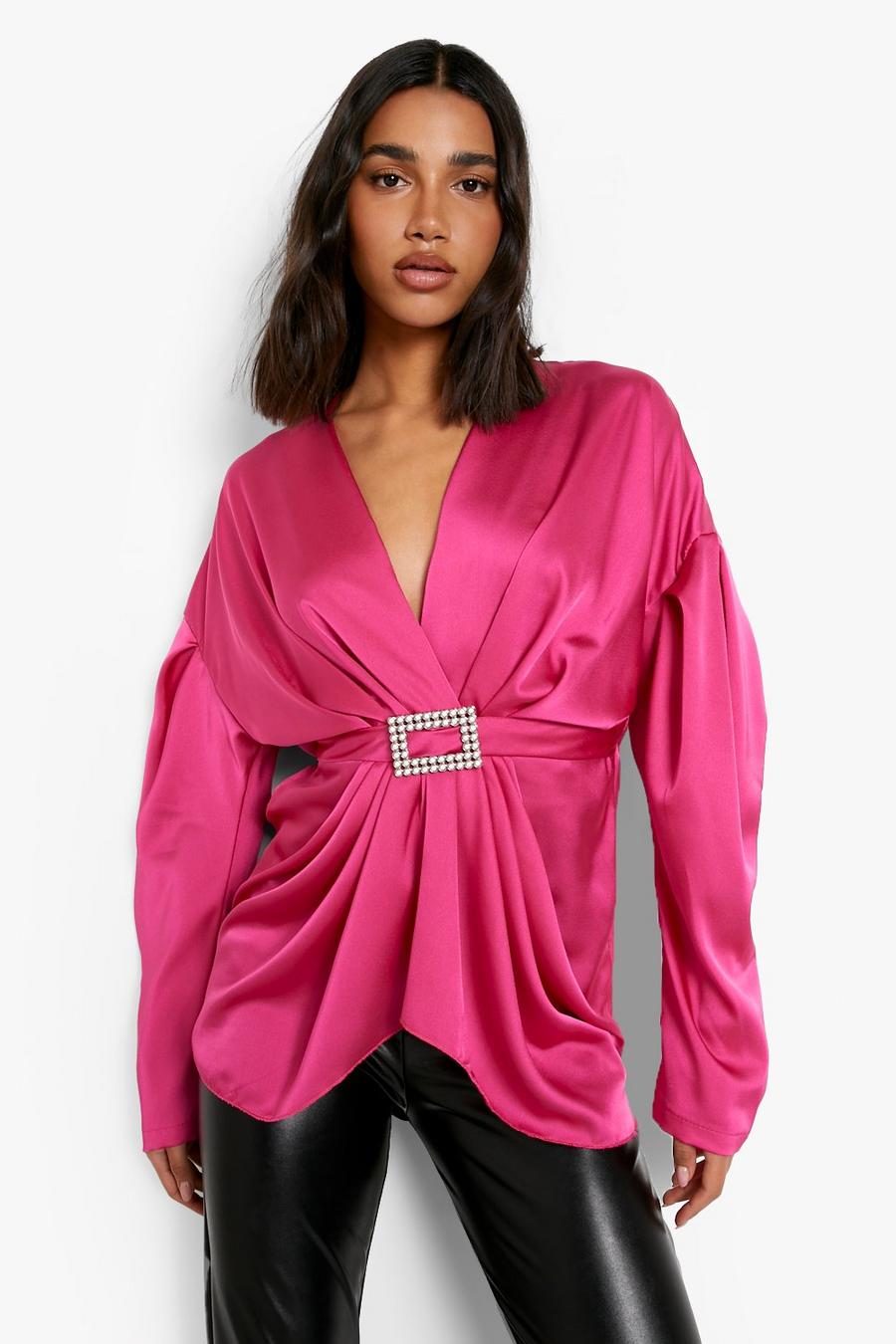 Bright pink rosa Buckle Detail Ruched Blouse image number 1