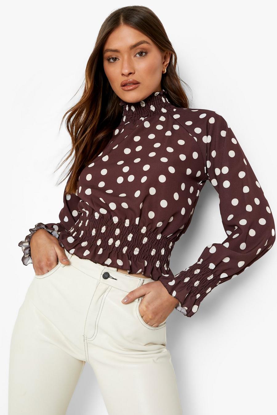 Chocolate Woven Polka Dot High Neck Blouse image number 1