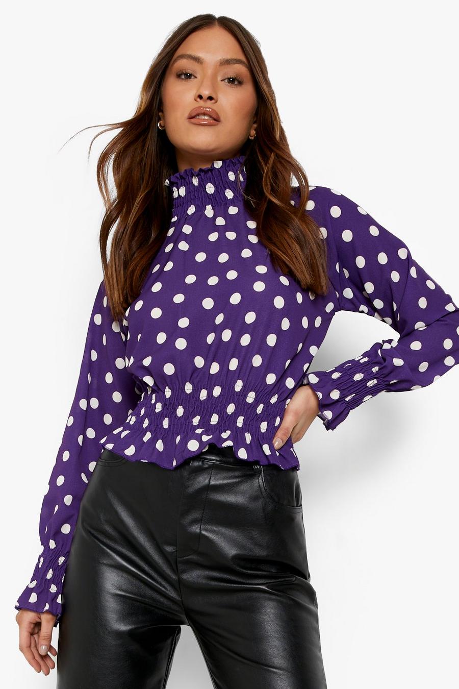 Purple Woven Polka Dot High Neck Blouse image number 1