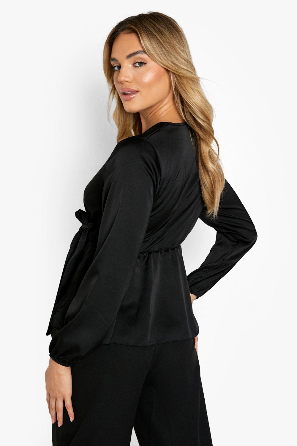 Black Satin Plus Size Ruffle Wrap Peplum Top