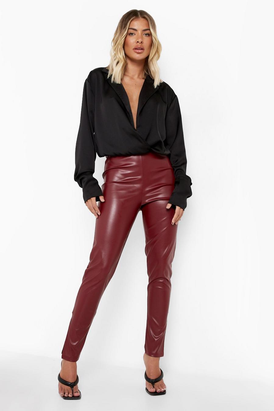 Berry rojo Matte Leather Look Stretch Leggings image number 1