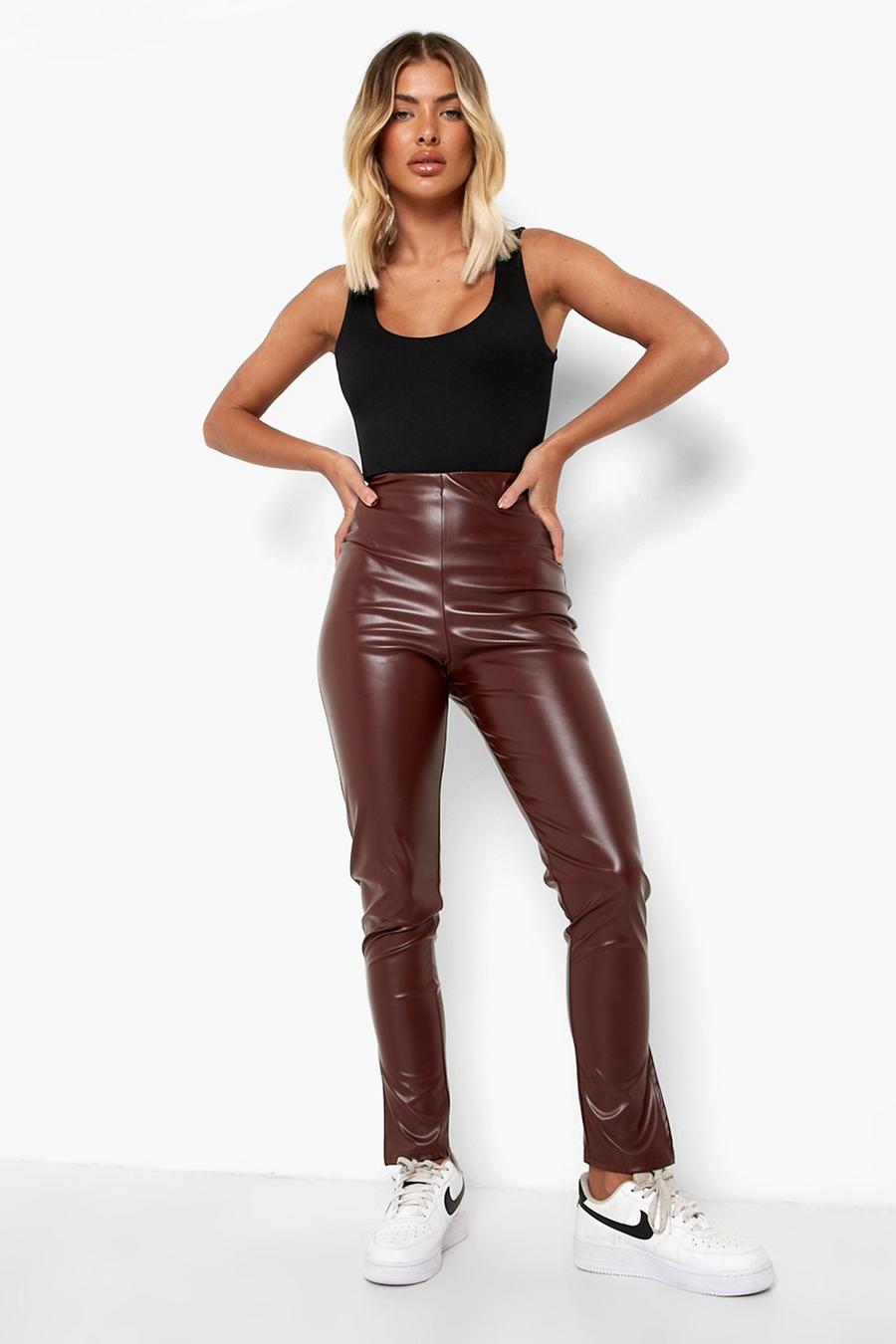Chocolate marrón Matte Leather Look Stretch Leggings image number 1