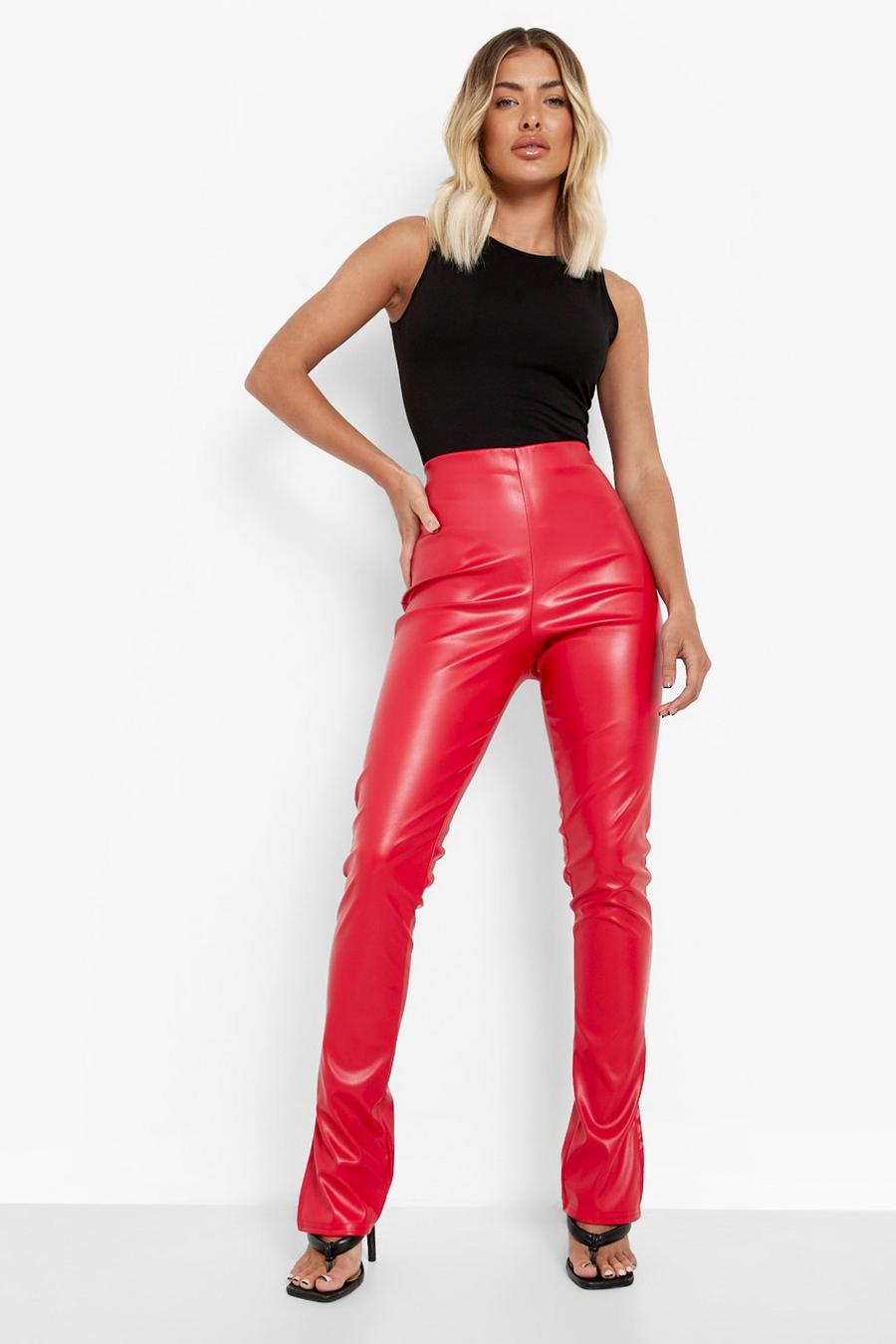 Red Leather Look Split Hem Leggings image number 1