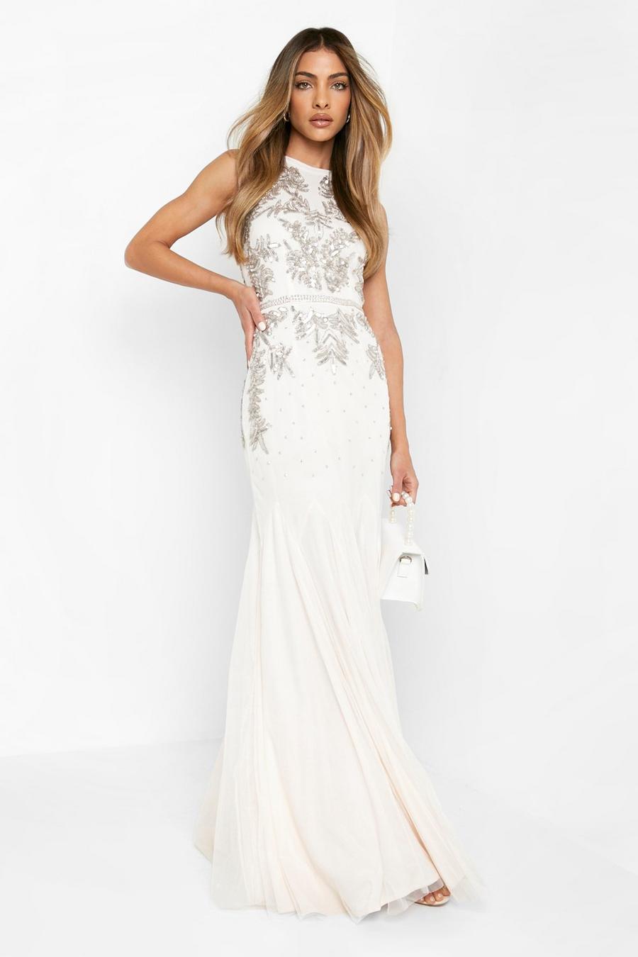 Cream white Bridesmaid Hand Embellished Halter Maxi Dress image number 1