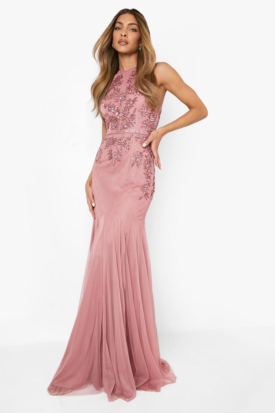 Dusty rose pink Bridesmaid Hand Embellished Halter Maxi Dress