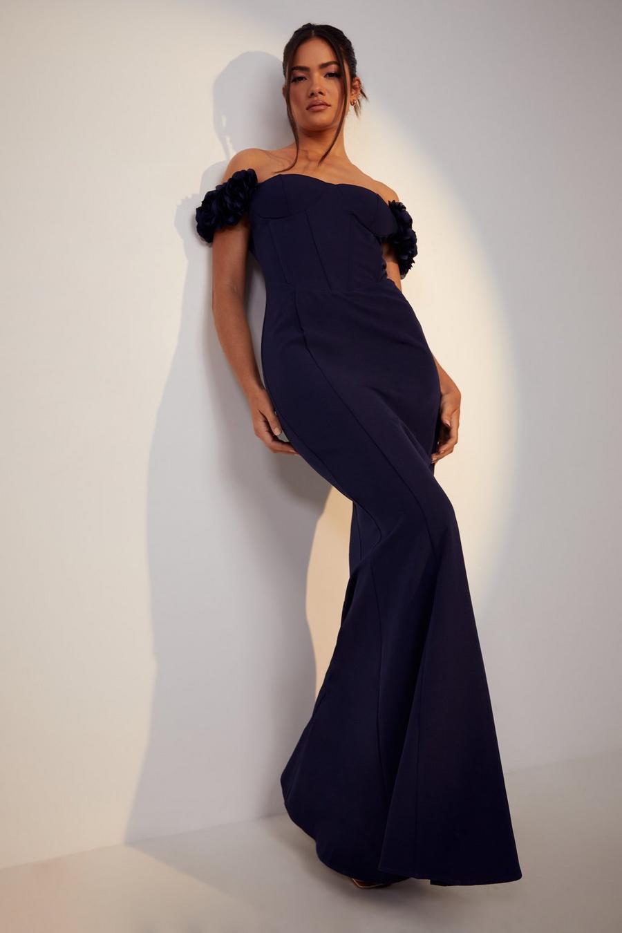 Navy Floral Shoulder Cupped Maxi Dress