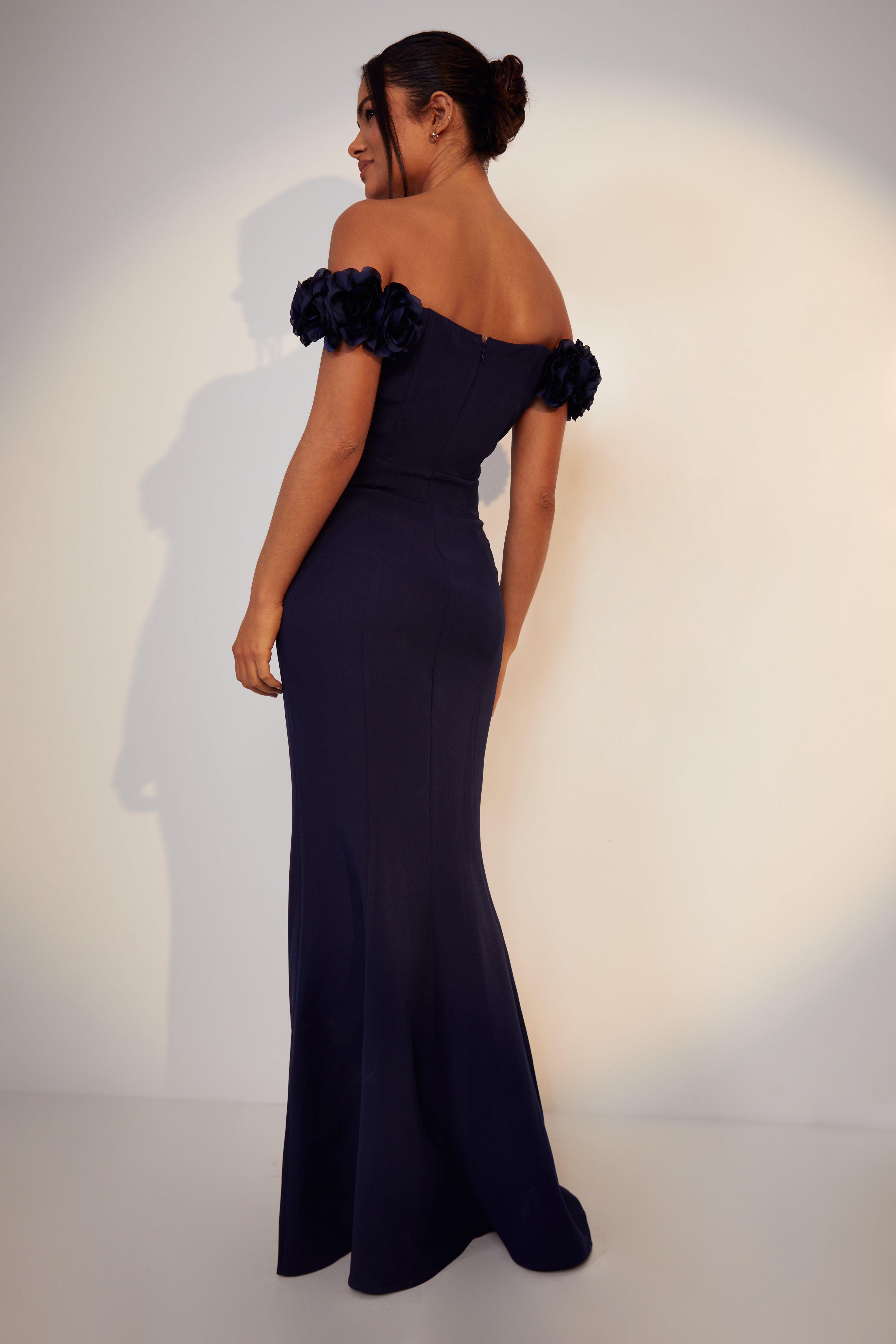 Bridesmaid navy bardot lace store insert fishtail maxi dress