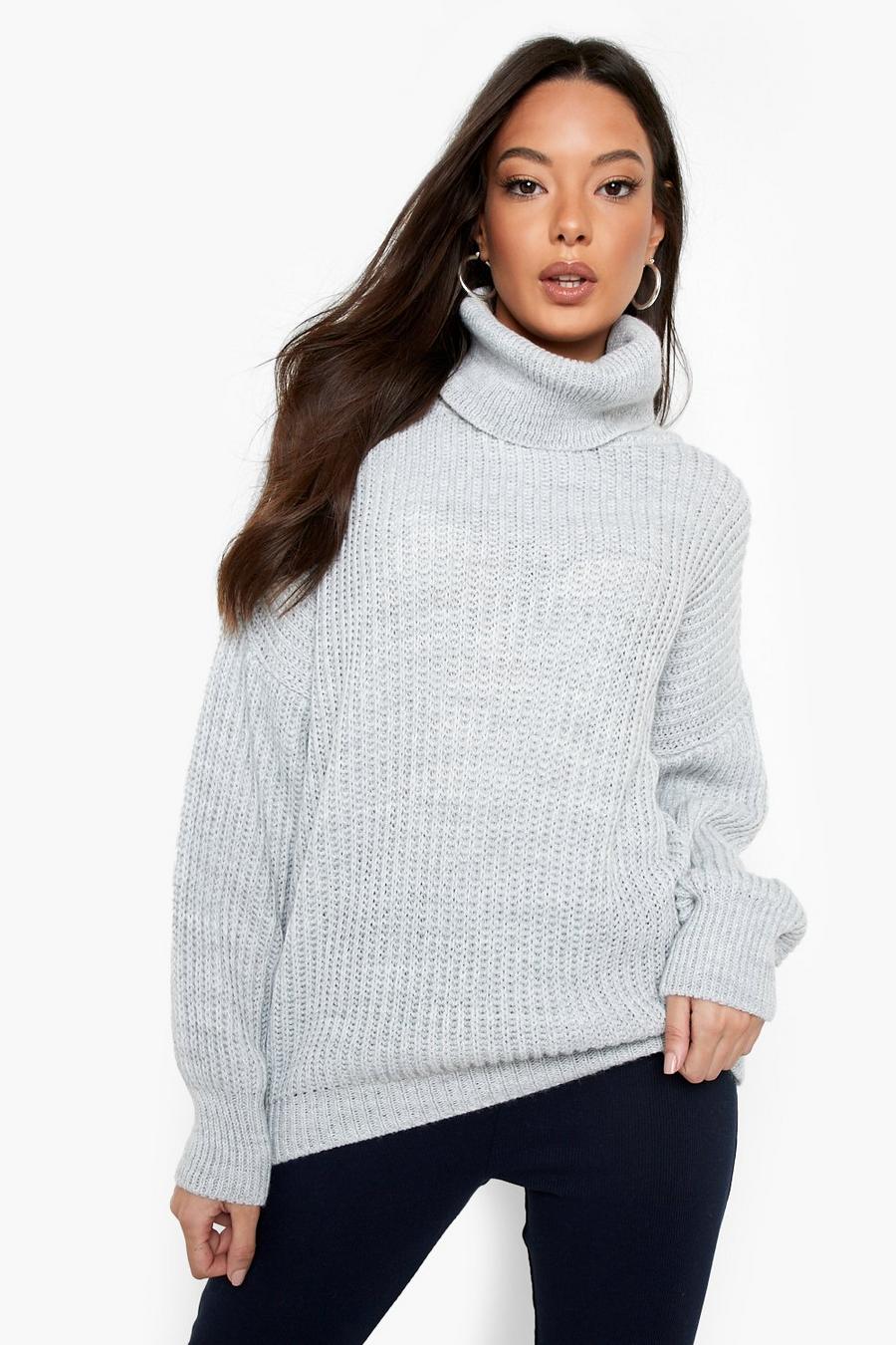 Grey Knitted Turtleneck Balloon Sleeve Sweater image number 1