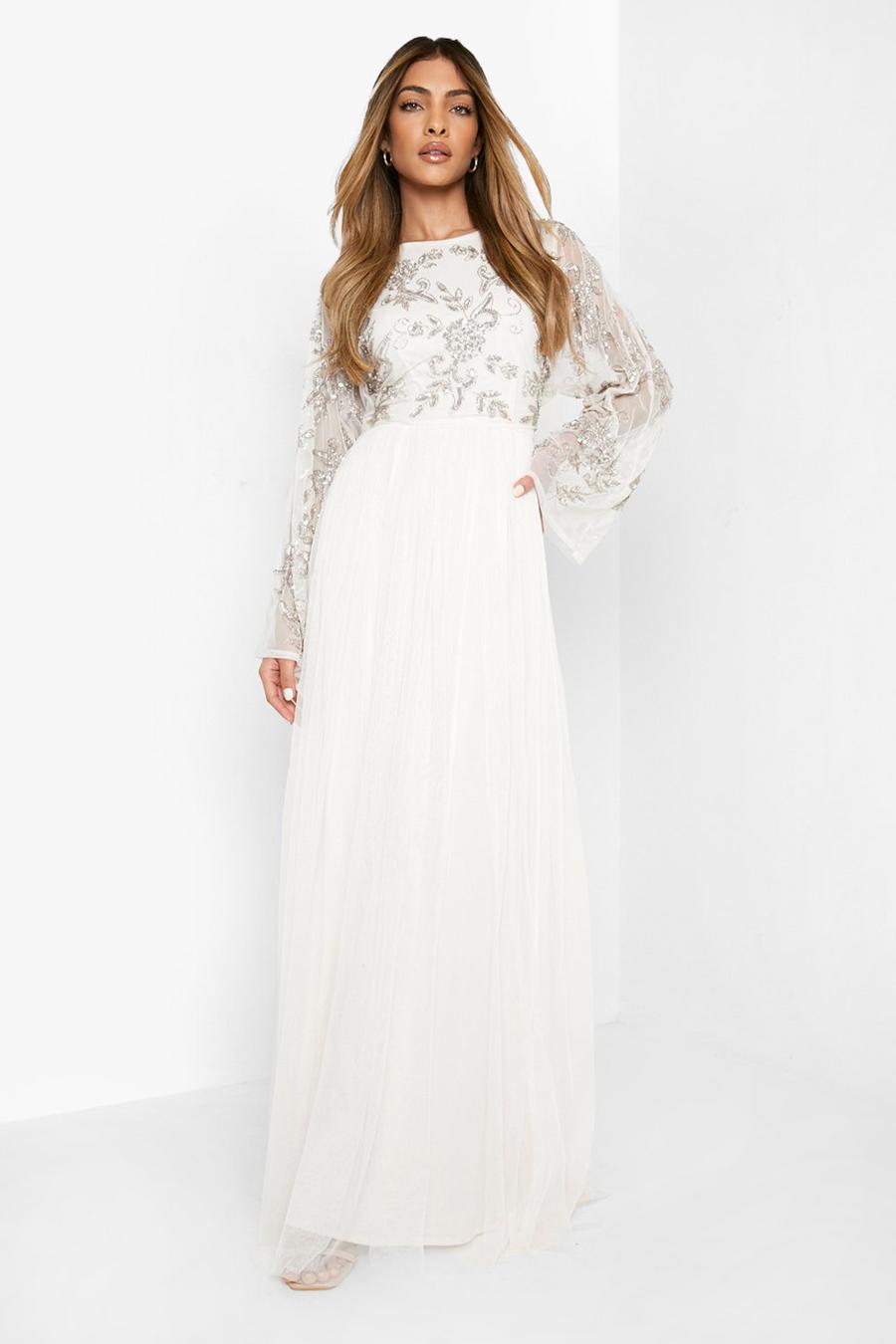 Cream white Bridesmaid Hand Embellished Long Sleeve Maxi