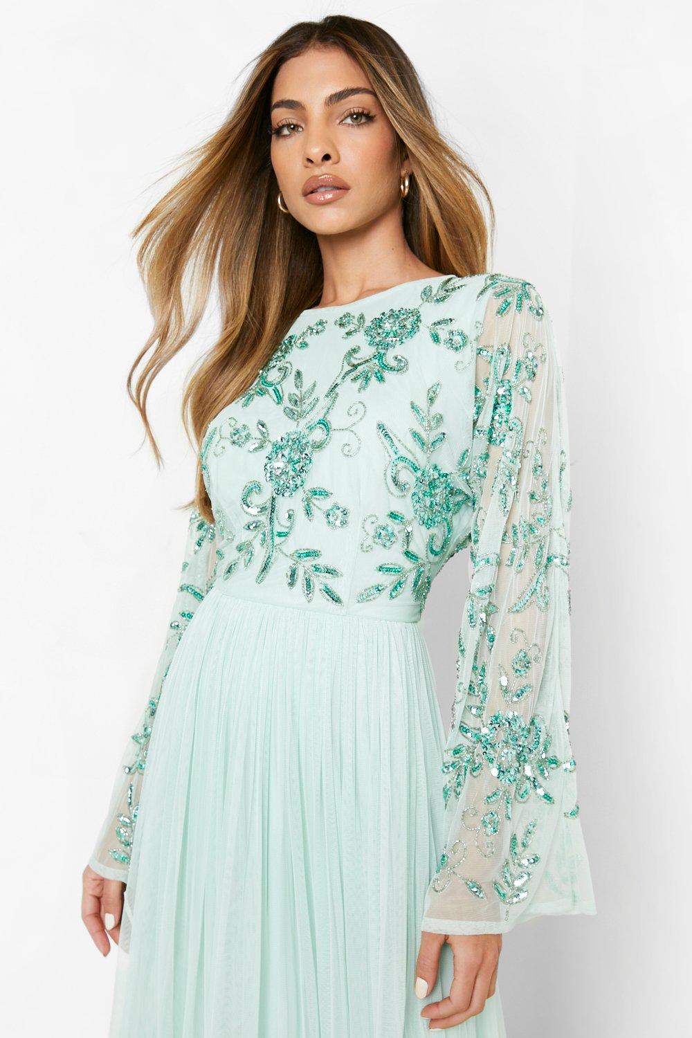 Bridesmaid Hand Embellished Long Sleeve Maxi Dress