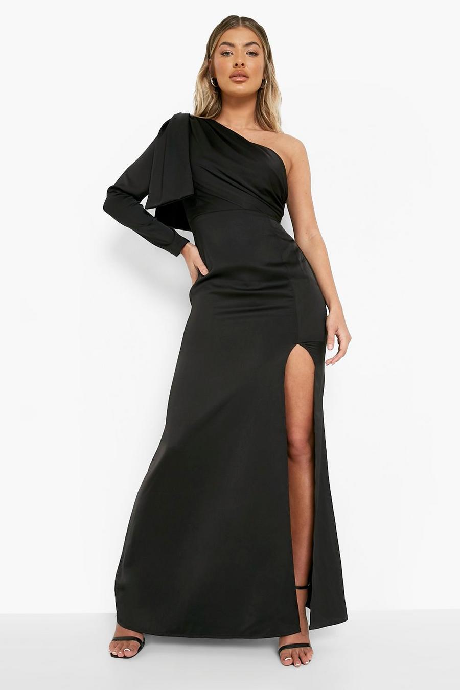 Black Satin One Shoulder Drape Detail Maxi Dress