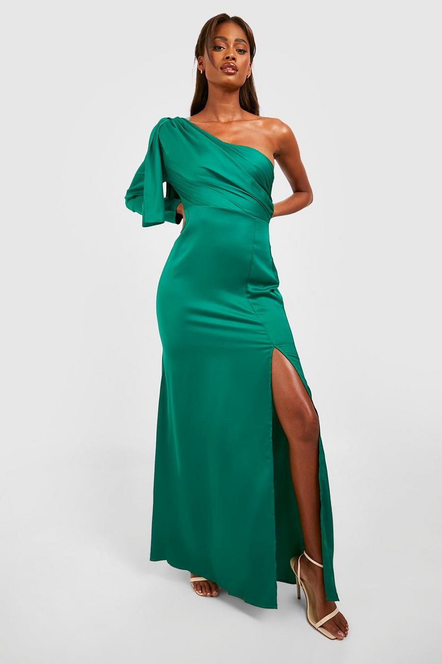 Emerald Satin One Shoulder Drape Detail Maxi Dress