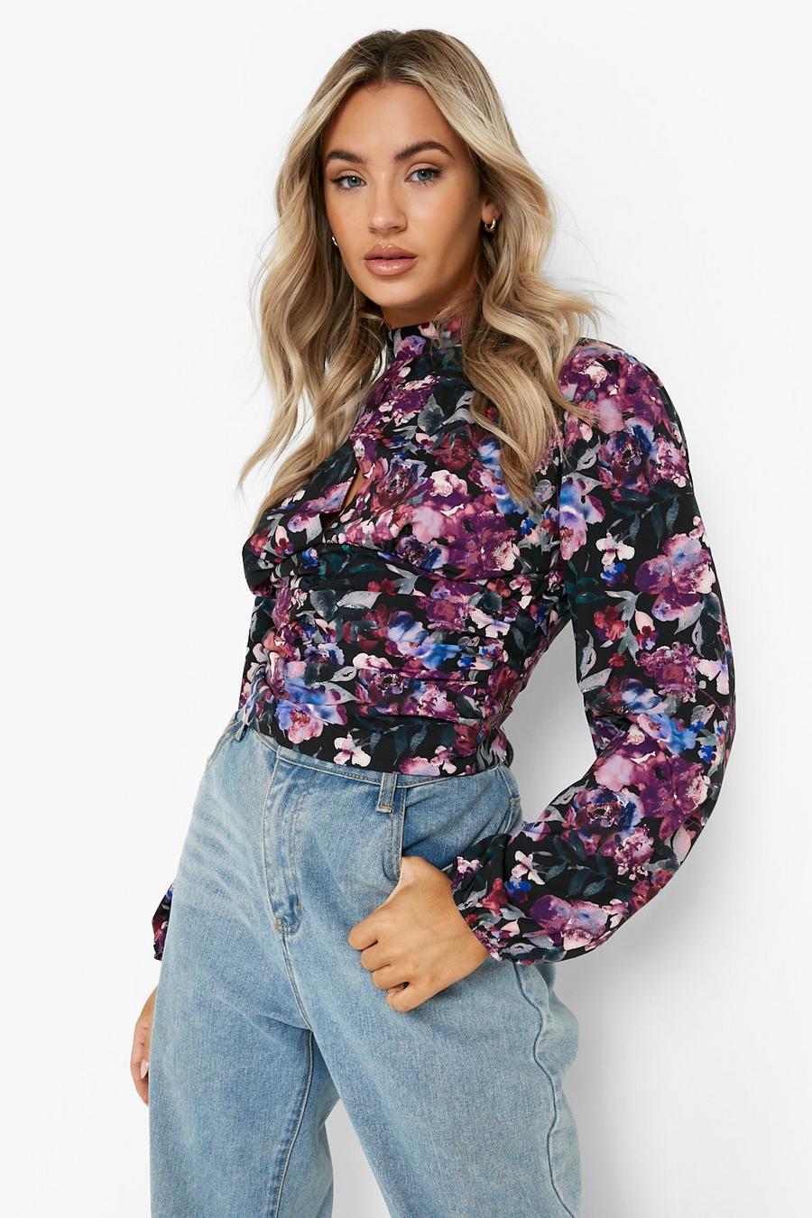Hochgeschlossene florale Bluse mit Schnürung, Purple image number 1