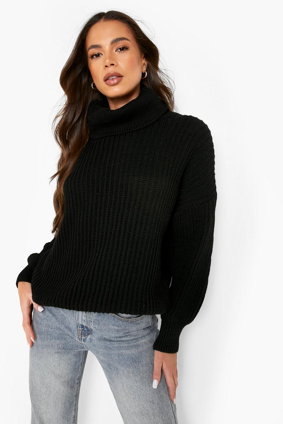 Black Knitted Roll Neck Balloon Sleeve Jumper image number 1
