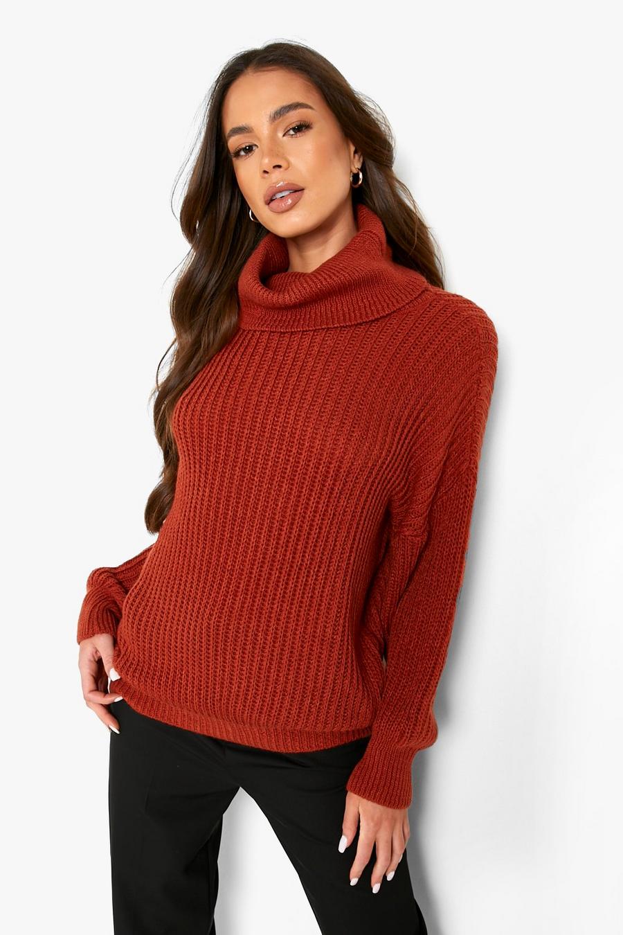 Rust orange Knitted Roll Neck Balloon Sleeve Jumper image number 1