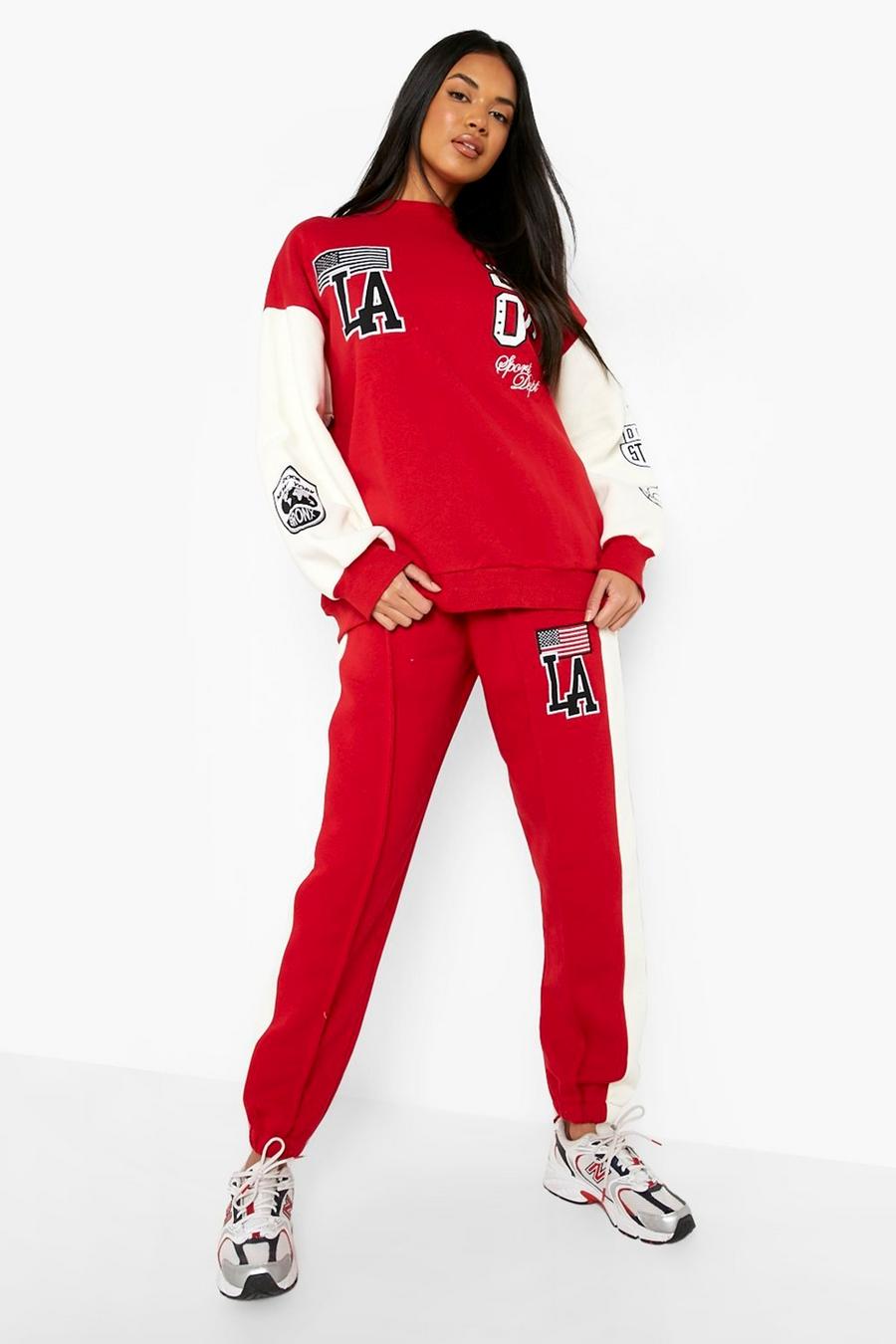 Pantaloni tuta oversize a blocchi di colore con applique di stemma, Red image number 1