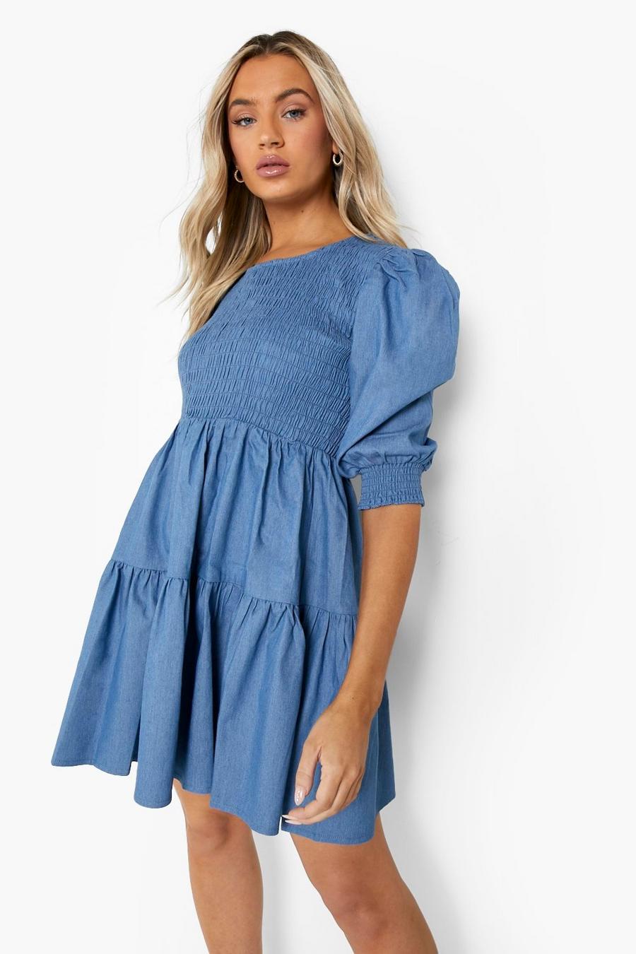 Mid blue Shirred Puff Sleeve Chambray Smock Dress