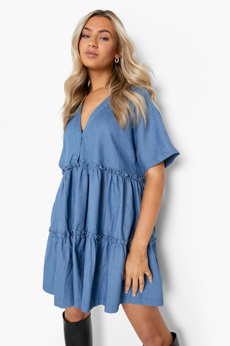 Mid blue V Neck Button Front Chambray Smock Dress