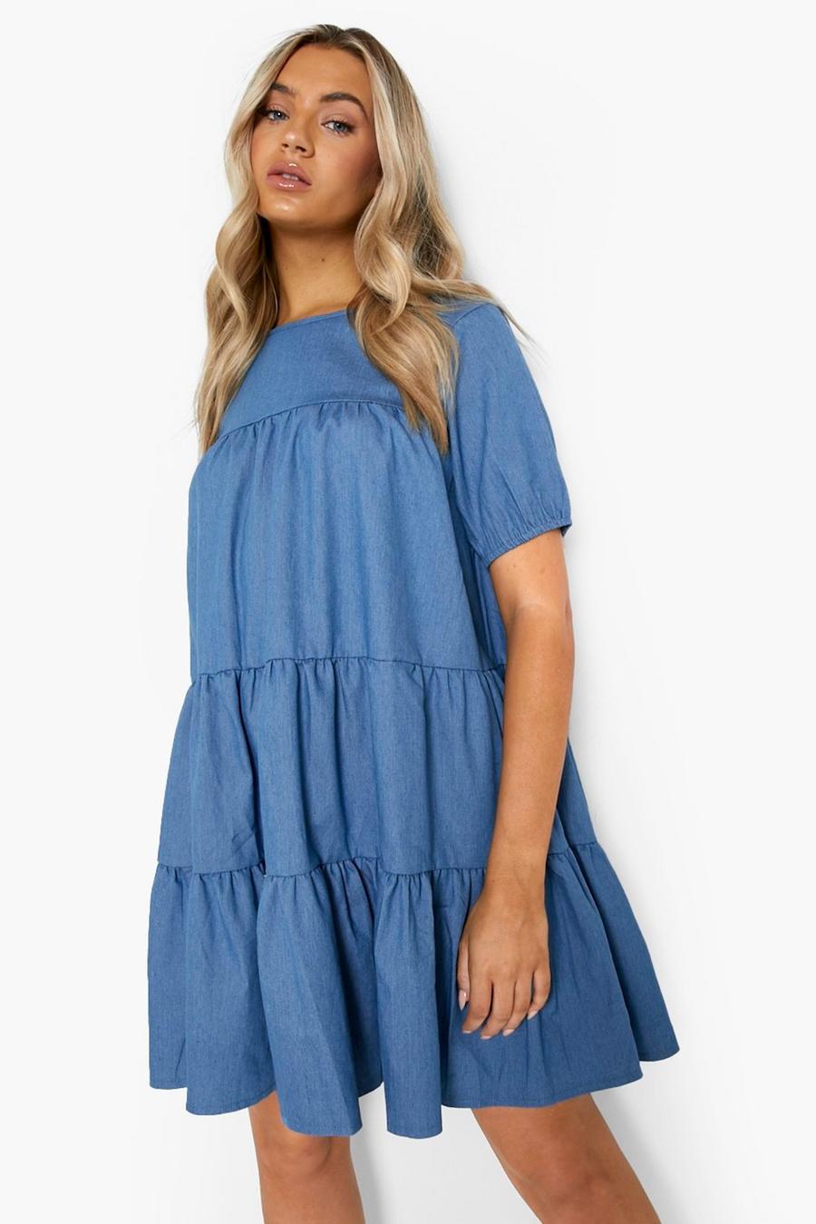 Mid blue blå Tiered Chambray Summer Dress