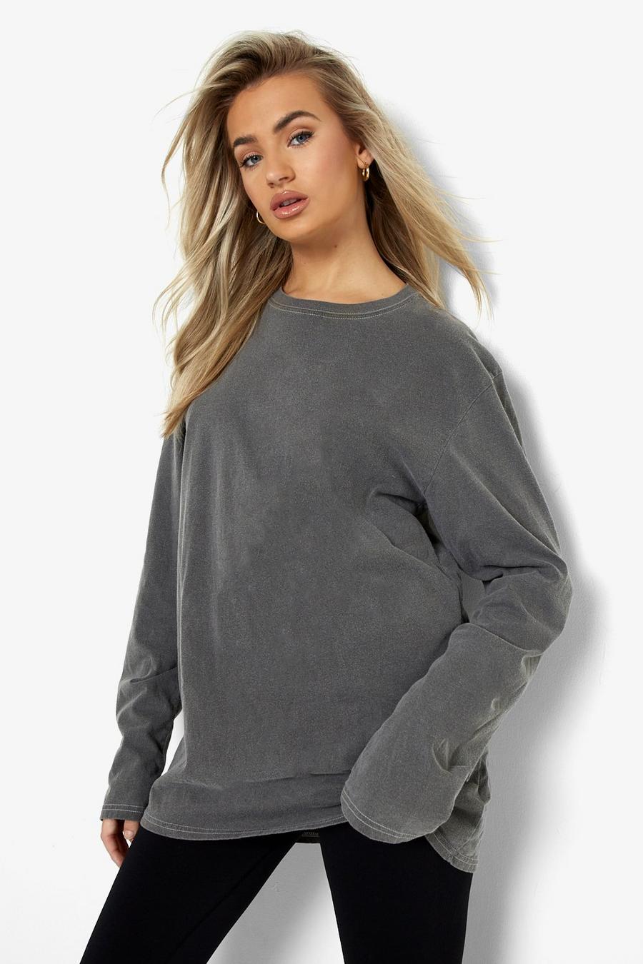 Charcoal Overdyed Oversized Long Sleeve T Shirt image number 1