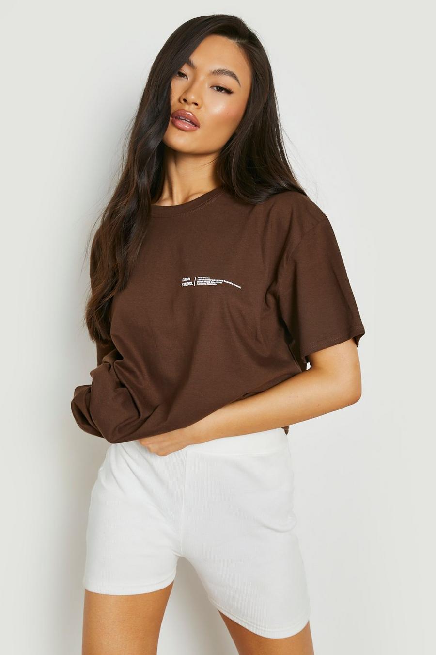 Camiseta oversize con estampado de texto, Chocolate marrón image number 1