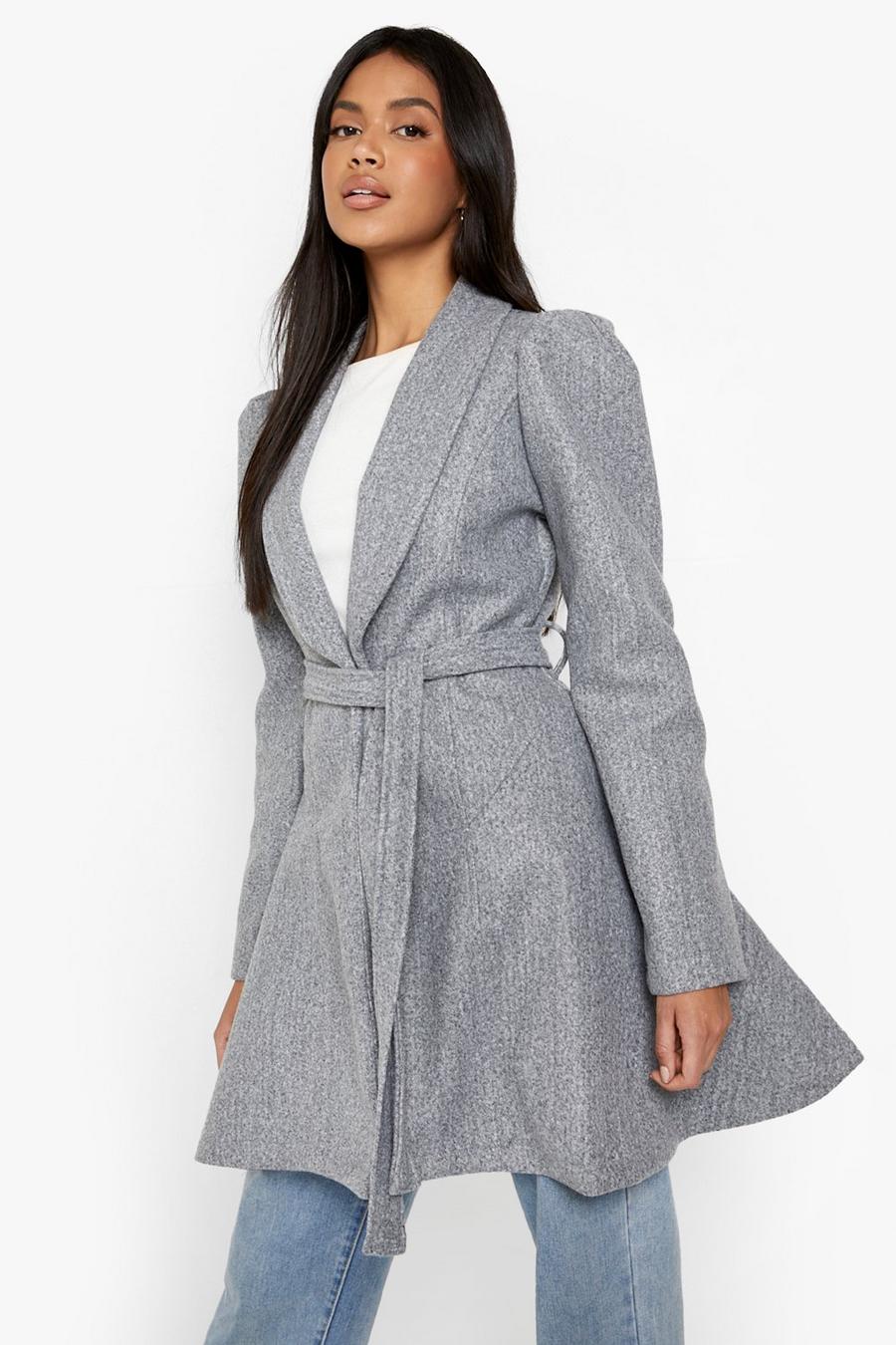 Grey Puff Sleeve Wool Look Coat