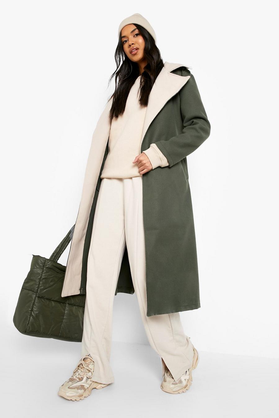 Khaki Contrast Collar Belted Wool Look Coat image number 1